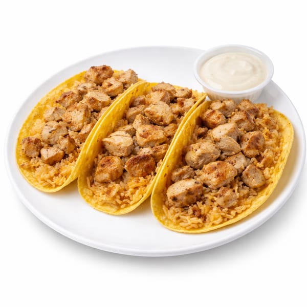Three chicken and rice tacos in hard shells with a side of creamy sauce on a white plate.