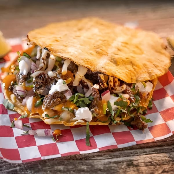 A large, crispy Mexican quesadilla filled with meat, onions, cilantro, and sour cream on a checkered paper.