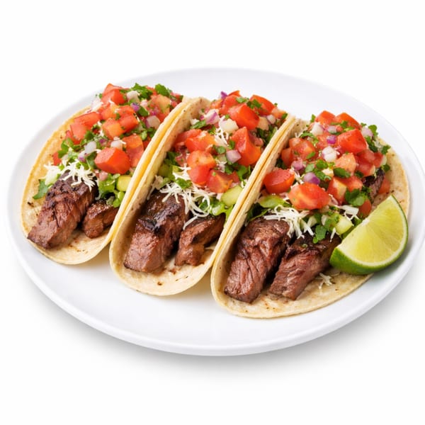 Three steak tacos with pico de gallo, shredded cheese, and a lime wedge on a white plate.