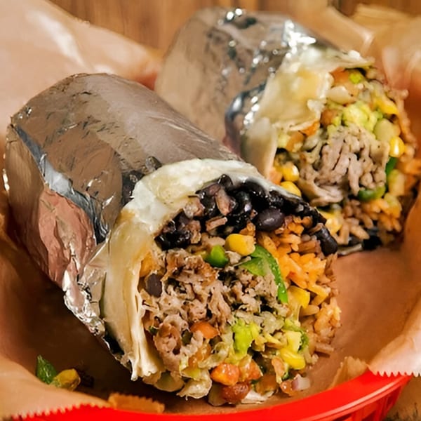 Two large Fusion Mexican Grill burritos, one unwrapped, revealing meat, rice, beans, and vegetables.