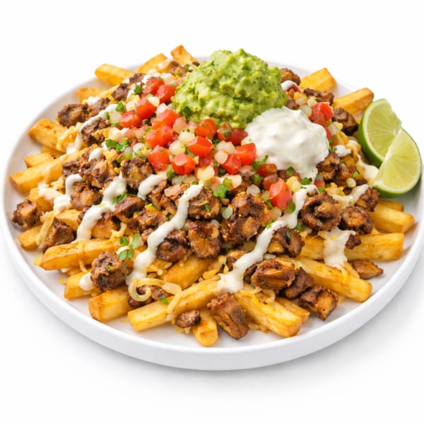 Loaded fries topped with seasoned meat, pico de gallo, guacamole, sour cream, and lime wedges.