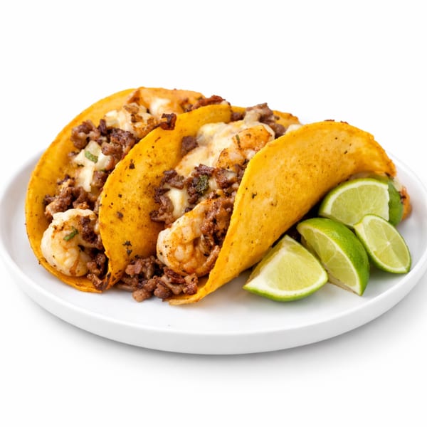 Three crispy tacos filled with shrimp, beef, and melted cheese, served with lime wedges on a white plate.